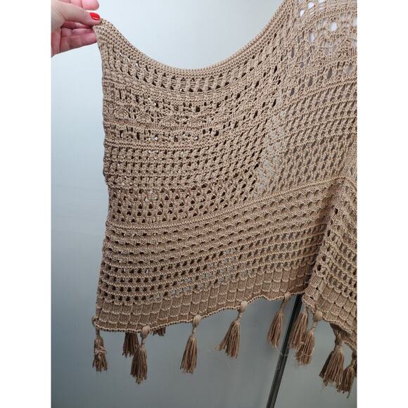 Soft Surroundings Womens Small GALICIA OPEN Knit CROCHET Brown TASSELS Sweater - Picture 6 of 11